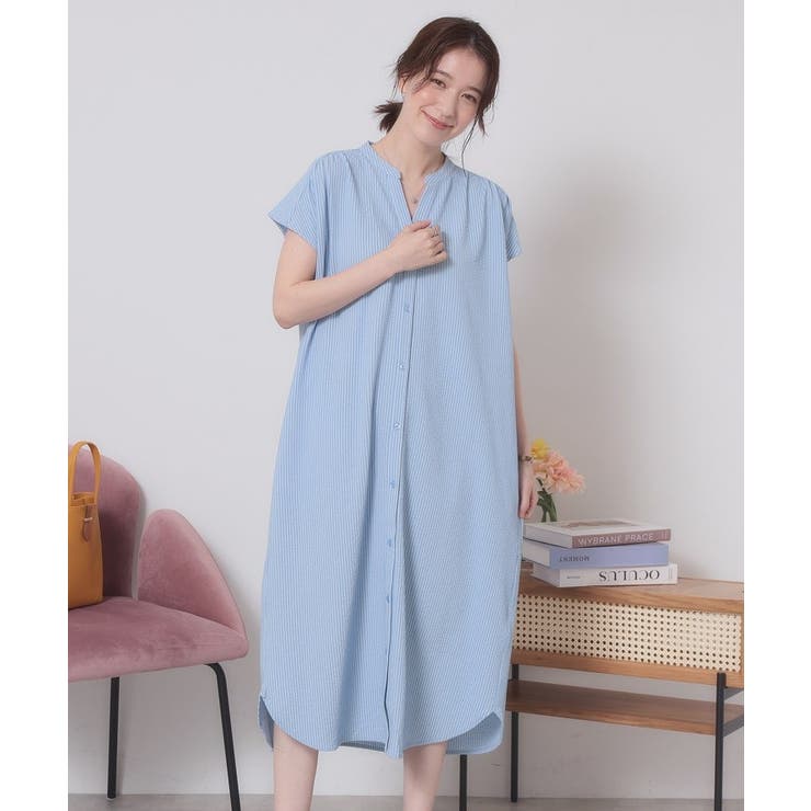 サックスブルー(090) | 【洗濯機OK／洗濯後しわになりにくい】カットサッカー前開きワンピース | ITS'DEMO