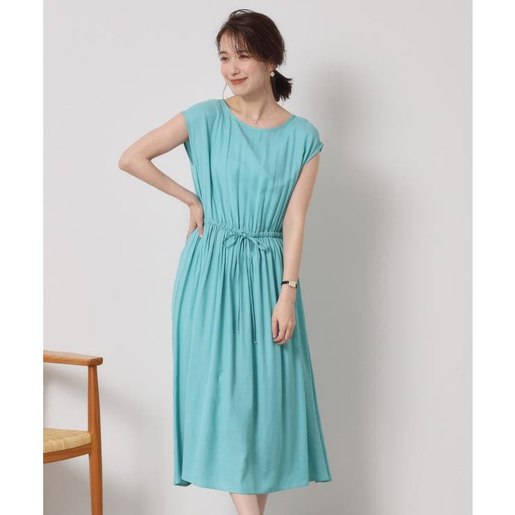 ブルーグリーン(097) | 【さらりタッチ／手洗い可】強撚スラブブラウジングワンピース | ITS'DEMO