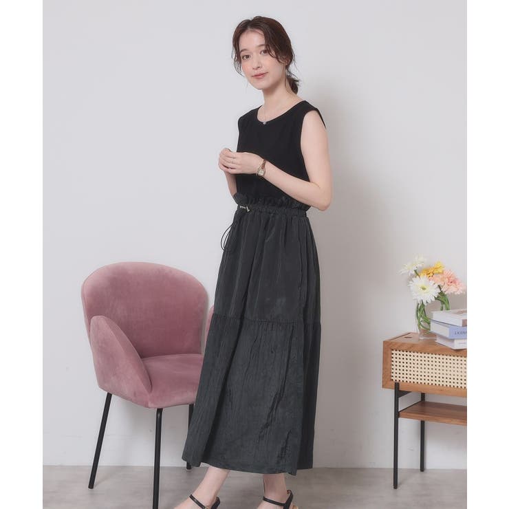 ブラック(019) | 【ウエストゴム／洗濯機OK】異素材コンビワンピース | ITS'DEMO