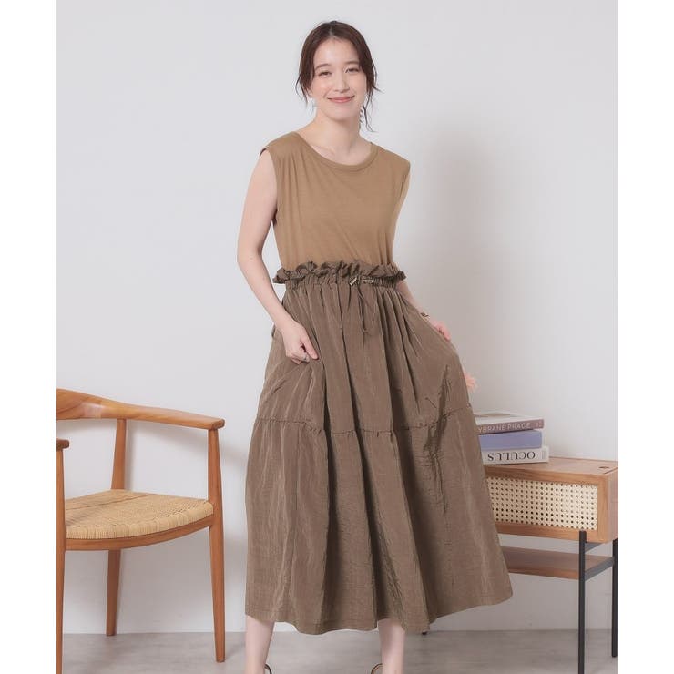 モカブラウン(042) | 【ウエストゴム／洗濯機OK】異素材コンビワンピース | ITS'DEMO