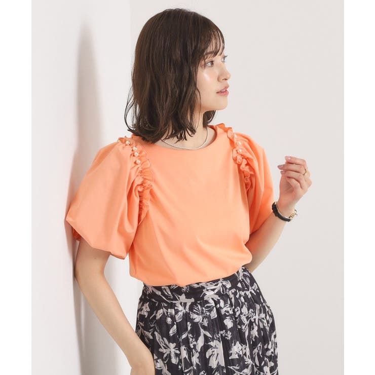 オレンジ(066) | 【手洗い可】パール調飾り付きパフ袖プルオーバー | ITS'DEMO