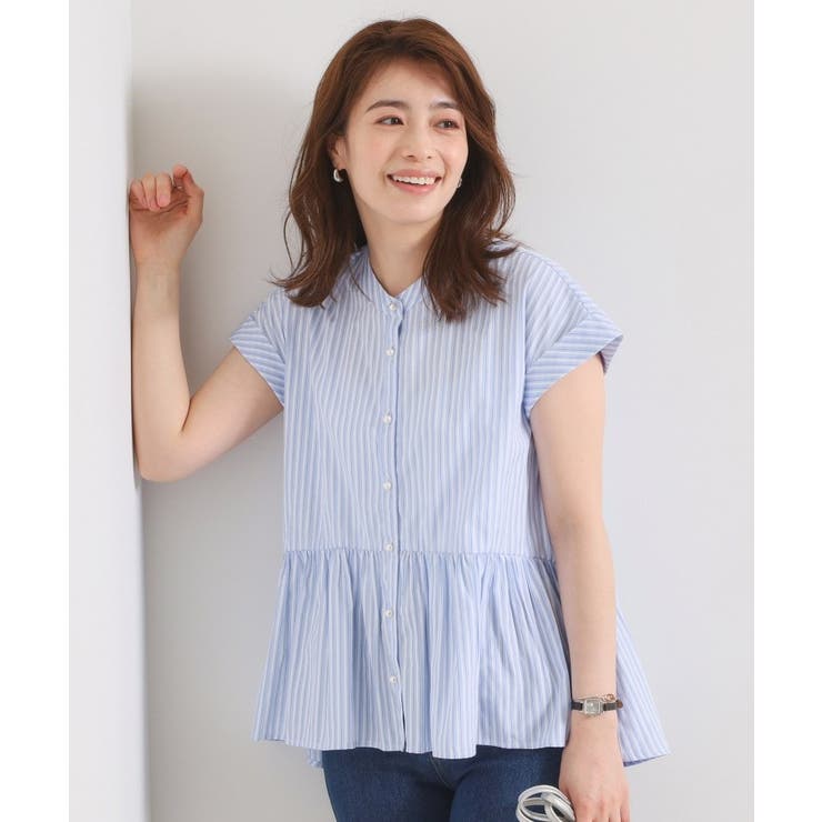 サックスブルー(390) | 【接触冷感／手洗い可】ストライプペプラムブラウス | ITS'DEMO