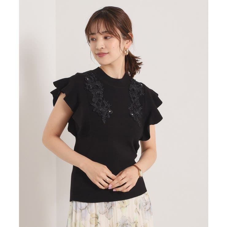 ブラック(019) | 【手洗い可】花レースフリル袖ニット | ITS'DEMO