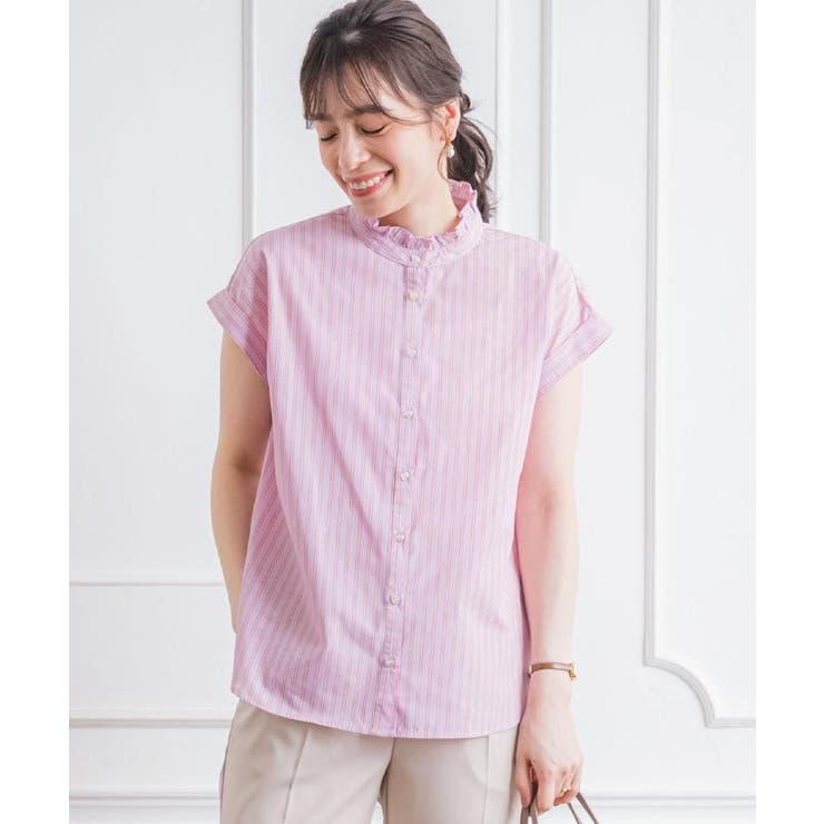 【手洗い可】スタンドフリルストライプブラウス | ITS'DEMO | 詳細画像1 