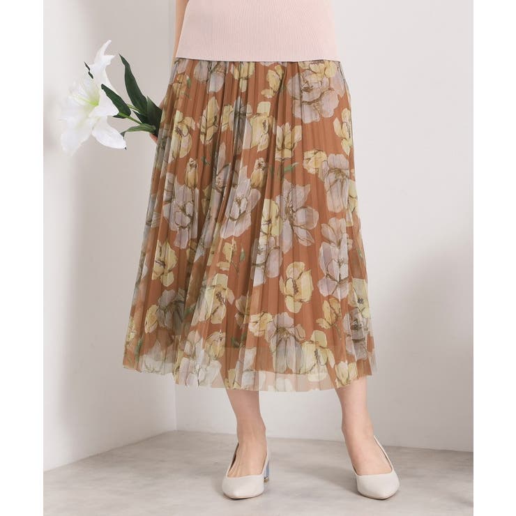 モカブラウン(142) | 【手洗い可／ウエストゴム】花柄チュールスカート | ITS'DEMO