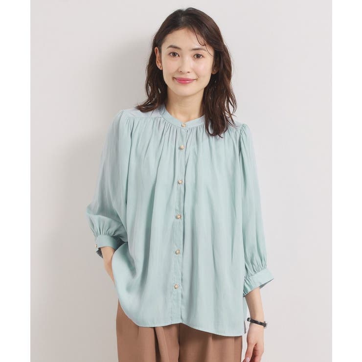 ミントグリーン(021) | 【手洗い可】サテン7分袖ブラウス | ITS'DEMO