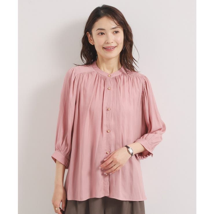 ピンク(071) | 【手洗い可】サテン7分袖ブラウス | ITS'DEMO
