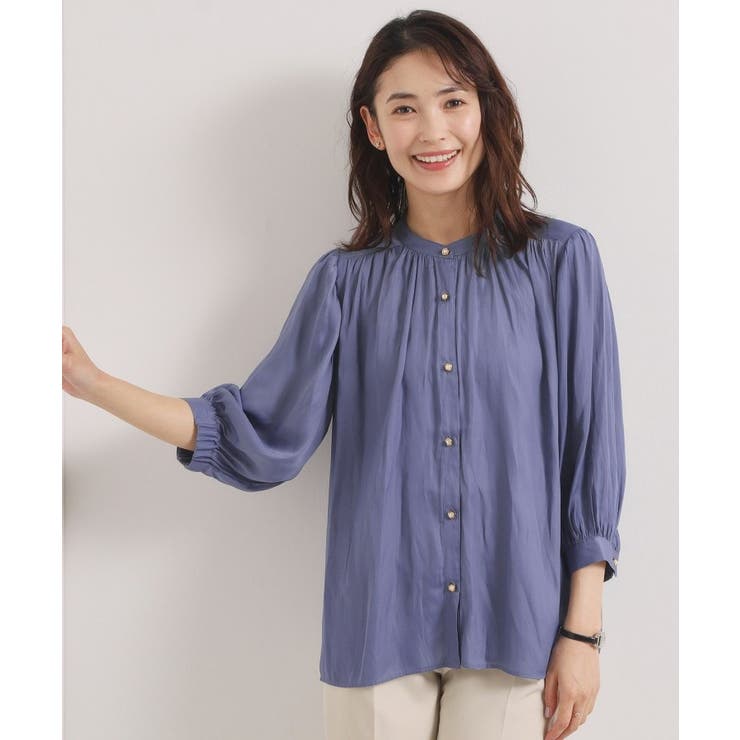 ブルー(092) | 【手洗い可】サテン7分袖ブラウス | ITS'DEMO