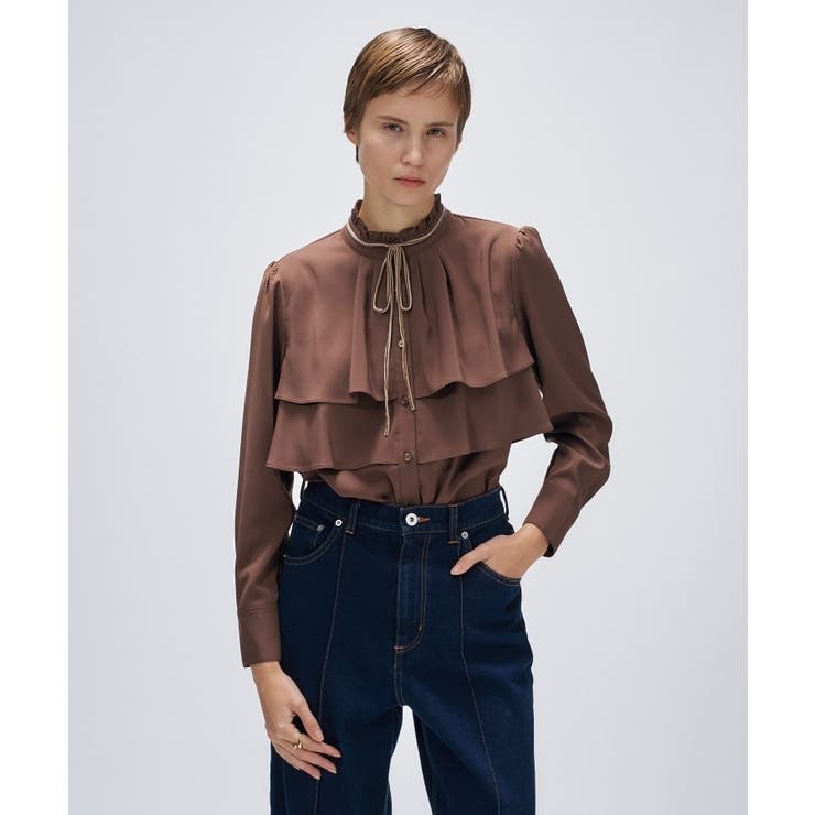 ブラウン(043) | 【手洗い可】ベロアリボンフリルブラウス | cloenc