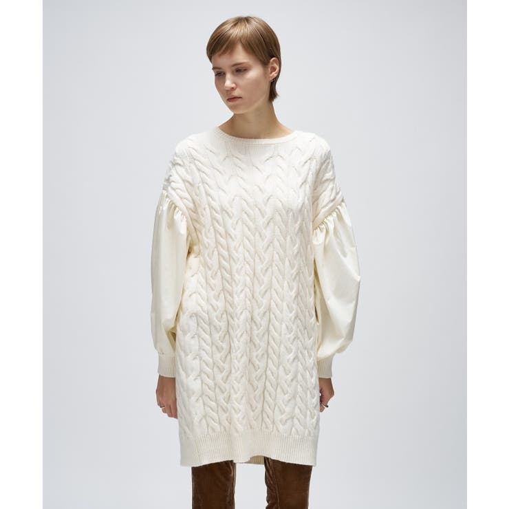 アイボリー(504) | ケーブルニット切り替えワンピース | cloenc