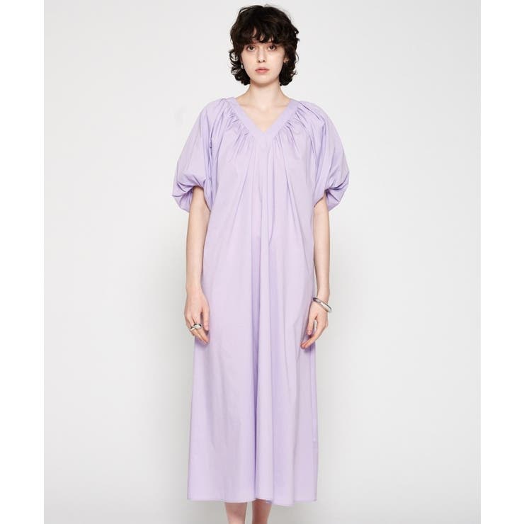 ラベンダー(080) | 【手洗い可】ギャザーVネックワンピース | cloenc