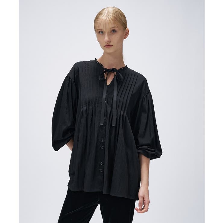 ブラック(019) | 【マシンウォッシュ】リボンピンタックブラウス | cloenc