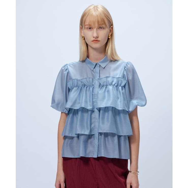 サックスブルー(090) | 【手洗い可】シアーローンティアードブラウス | cloenc