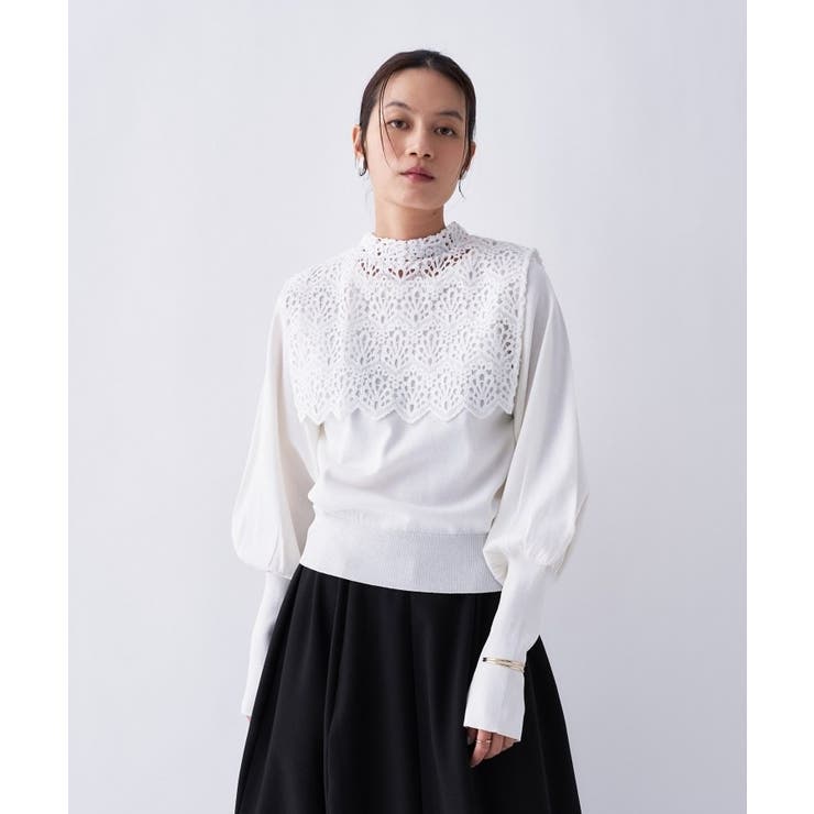 オフホワイト(503) | 【2way／手洗い可】2wayレースパフスリーブニット | cloenc