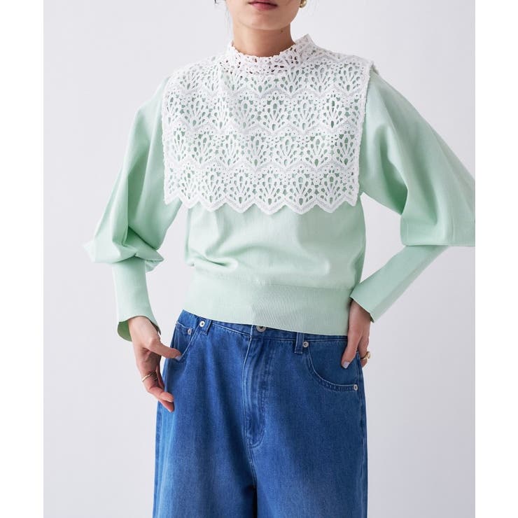 ミントグリーン(521) | 【2way／手洗い可】2wayレースパフスリーブニット | cloenc