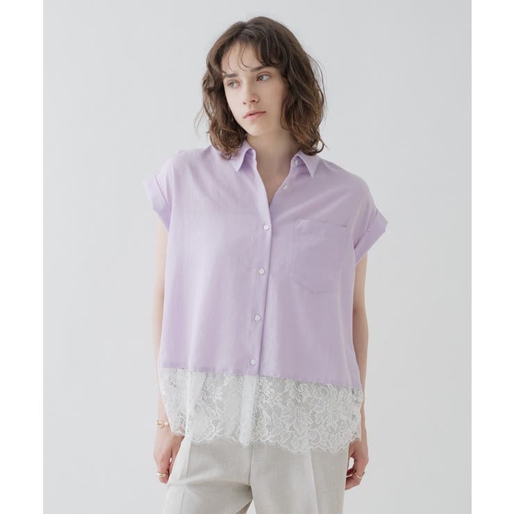 ラベンダー(080) | 【ひんやり／体型カバー】レースフレンチスリーブブラウス | cloenc