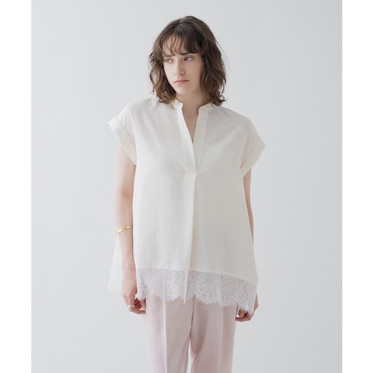 オフホワイト(003) | 【ひんやり／体型カバー】レースフレンチスリーブ スキッパーブラウス | cloenc