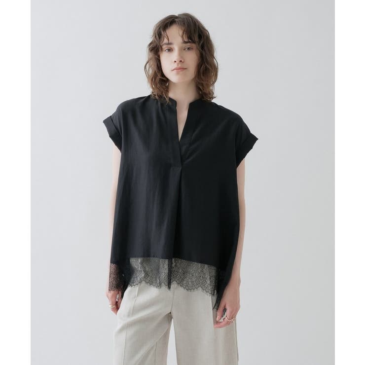 ブラック(019) | 【ひんやり／体型カバー】レースフレンチスリーブ スキッパーブラウス | cloenc