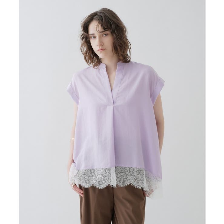 ラベンダー(080) | 【ひんやり／体型カバー】レースフレンチスリーブ スキッパーブラウス | cloenc