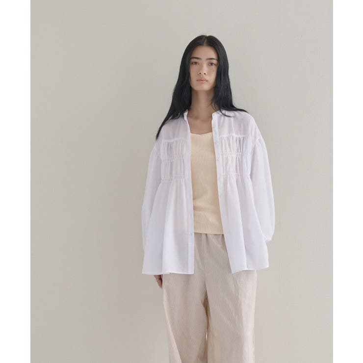 ホワイト(001) | 【マシンウォッシュ】シャーリング チュニックブラウス | cloenc