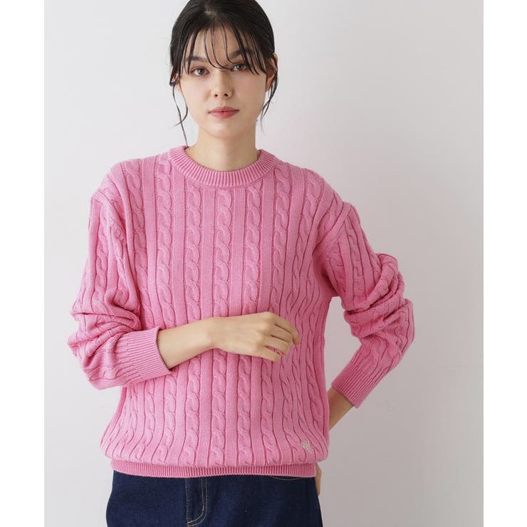 ピンク(073) | 【ユニセックス・洗える】クルーネックケーブルニット | Dessin