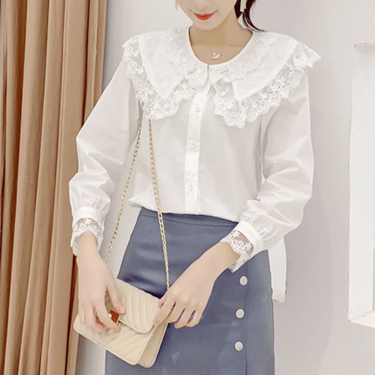 BL】ダブルレースカラーブラウス レースカラーブラウス 襟付きブラウス