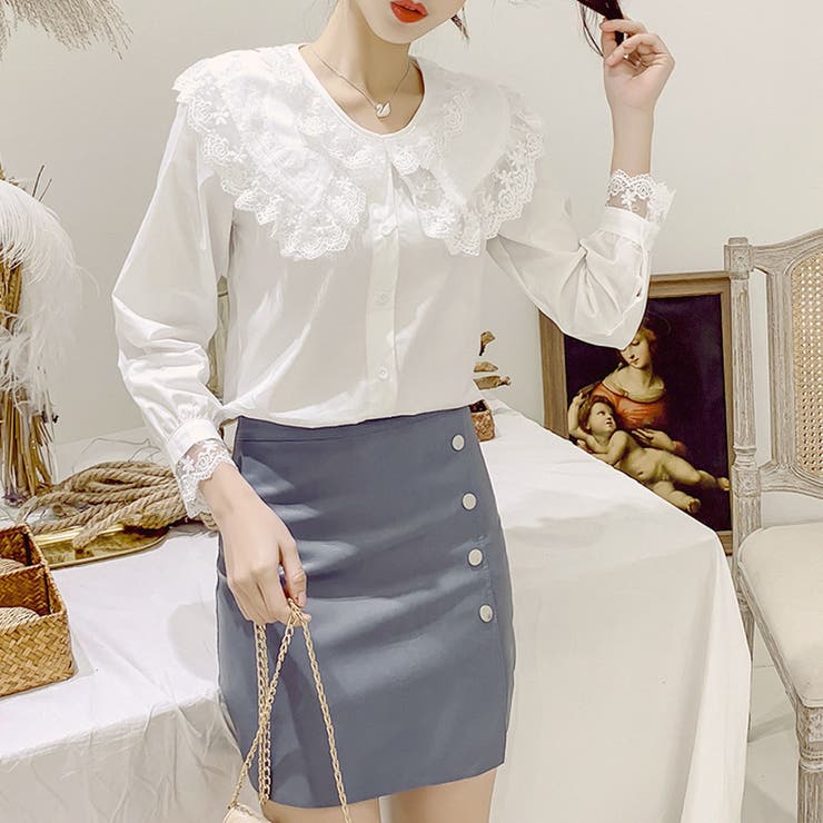 【美品】アンミヌ　UNMINOU スカラップカラーブラウス　サックス　レース 美品】アンミヌ UNMINOU スカラップカラーブラウス サックス レース