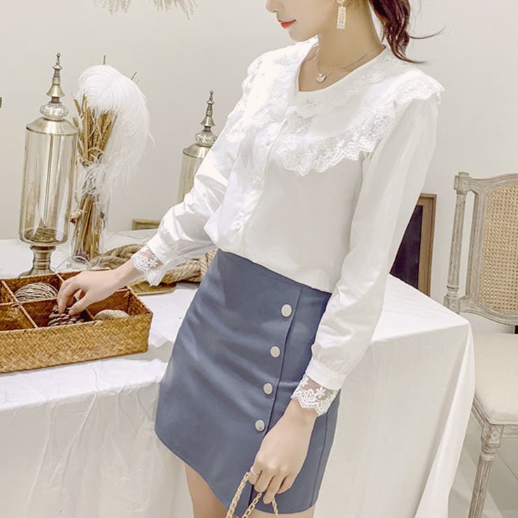 BL】ダブルレースカラーブラウス レースカラーブラウス 襟付きブラウス