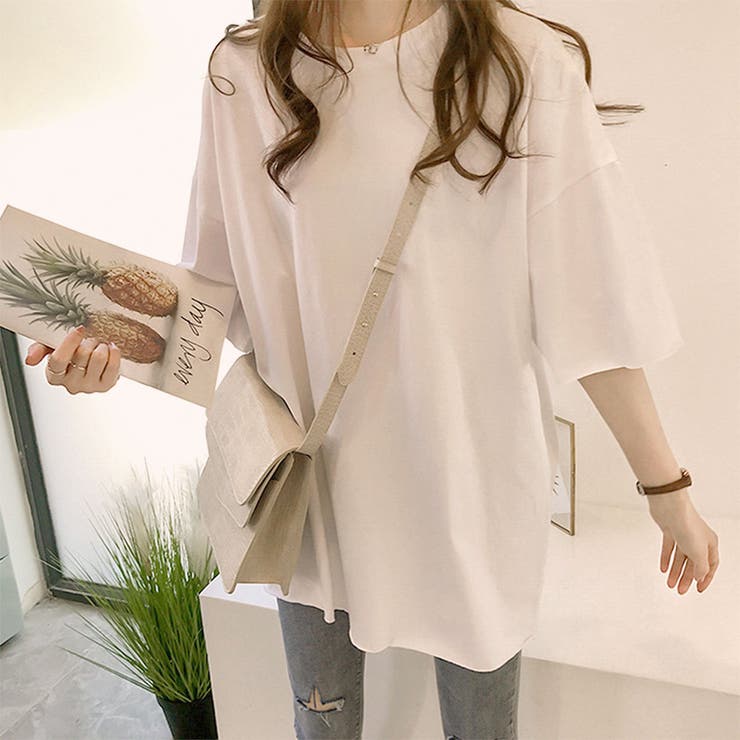 【SH】オーバーシルエットシンプルTシャツ/Tシャツ/オーバーシルエット/オーバーサイズ/ビッグシルエット/ビッグサイズ/シンプル/ラウンドカラー/丸襟/半袖シャツ/半袖/FREE/フリー/フリーサイズ/PREMINA/韓国
