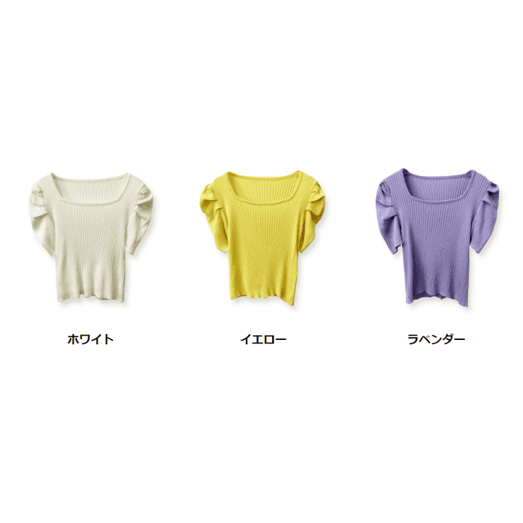 【CS】スクエアネックパフスリーブニットソー/カットソー/スクエアネック/シンプル/半袖シャツ/半袖/リブ生地/クロップド丈/デザインカットソー/FREE/フリー/フリーサイズ/PREMINA/韓国