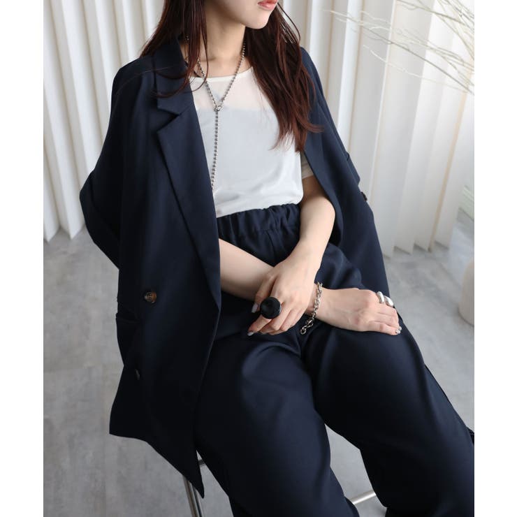 ネイビー | 【バックスリットショートスリーブジャケット（裏地無し）】セットアップ可能 | YENNA