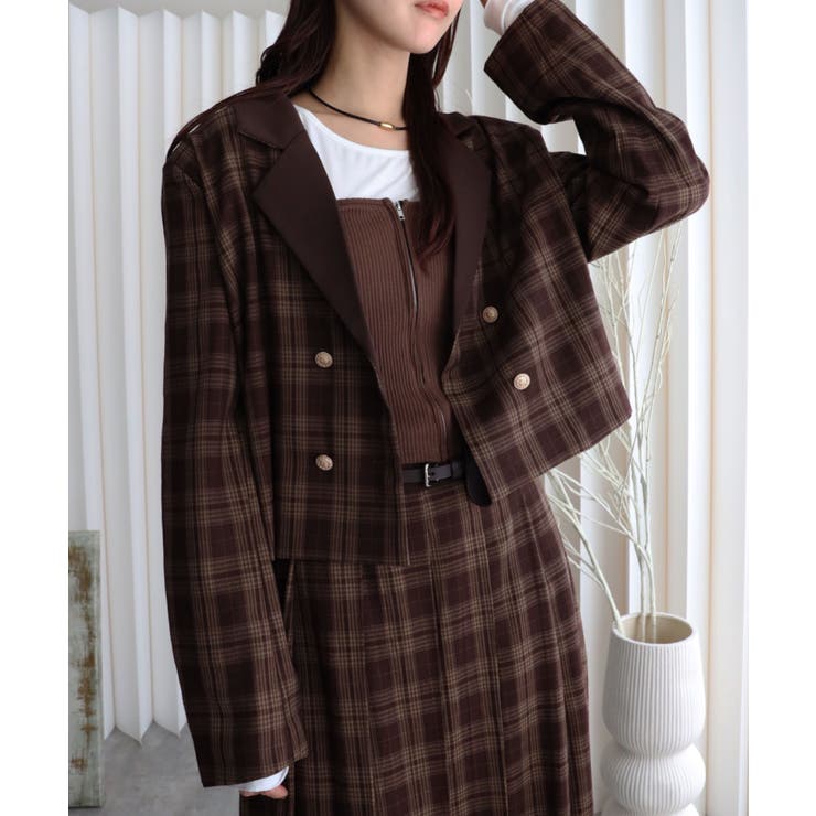 チェック配色ショートテーラードジャケット】セットアップ可能[品番