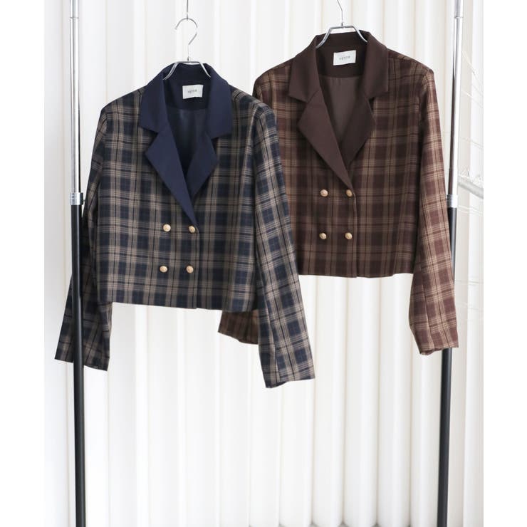 チェック配色ショートテーラードジャケット】セットアップ可能[品番