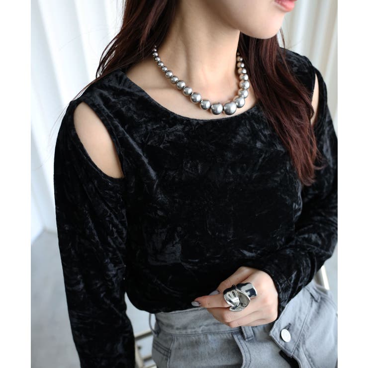 ブラック系 | クラッシュベロア肩あきTシャツ | YENNA