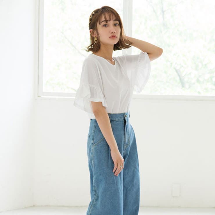 カットソー さらさら素材 袖フリル[品番：YU000042987]｜夢展望