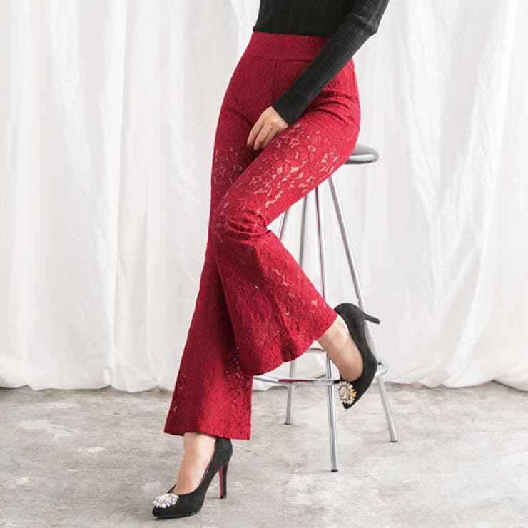 レース素材 レッドフレアパンツ パンツ 総レース フレア[品番：YU000043238]｜夢展望（ユメテンボウ
