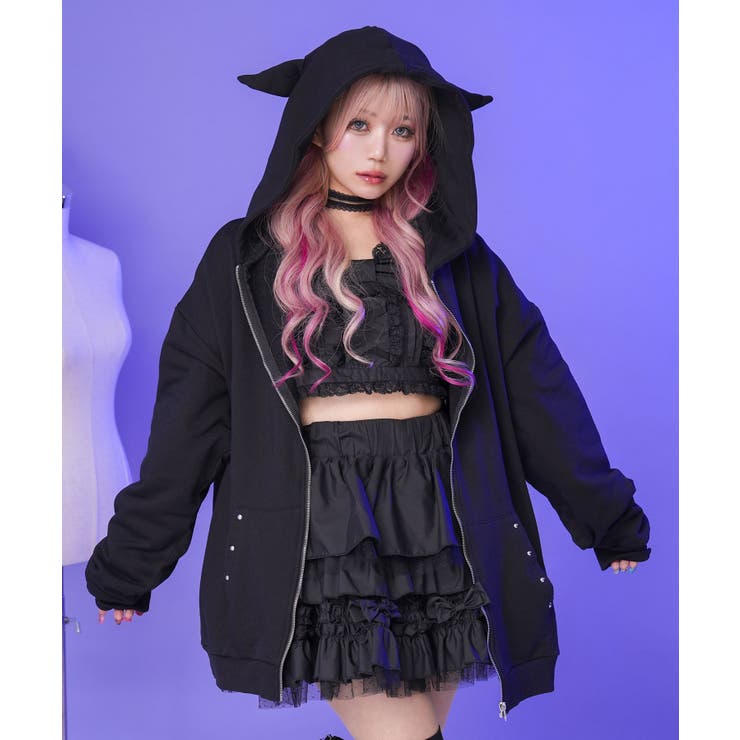 上質スウェットデビル悪魔の角耳付きオーバースウェットorZIP