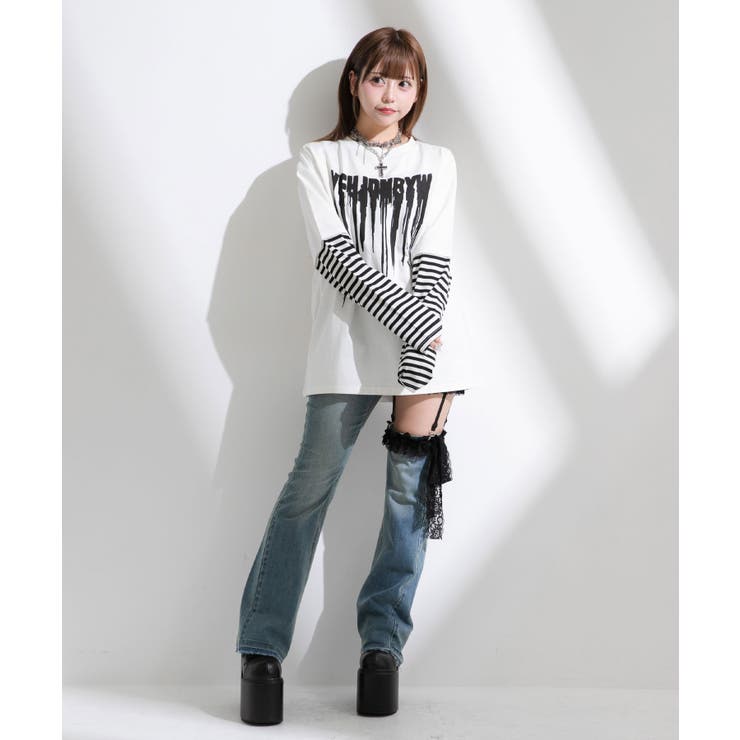 ロゴボーダー長袖レイヤードカットソー 韓国 夢展望 | 夢展望 | 詳細画像7 