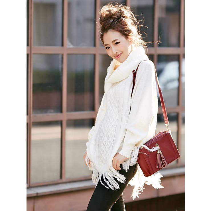 黒 フリース ポンチョ ケーブル編み