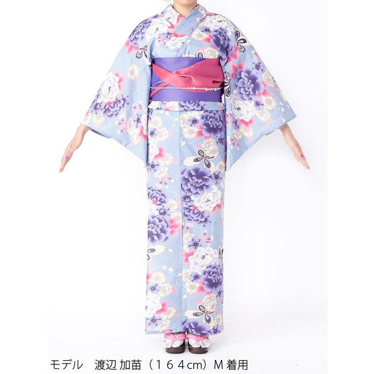 淡いブルーグレーが大人クール蝶々×牡丹高級平織り8点浴衣セット