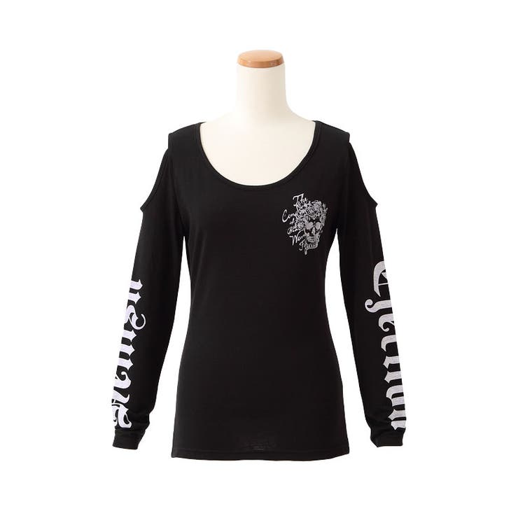 胸スカル・長袖ロゴプリント肩開き悪羅GALロングTシャツ DB OR[品番 