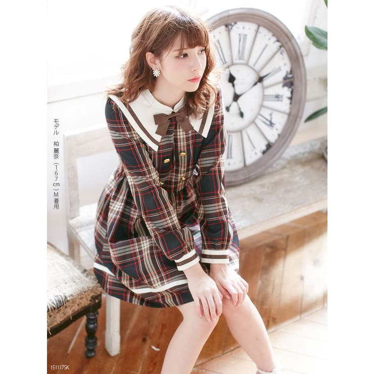 魔法学園ビック襟チェック柄長袖ミニワンピース|DML|PR|SW||][品番