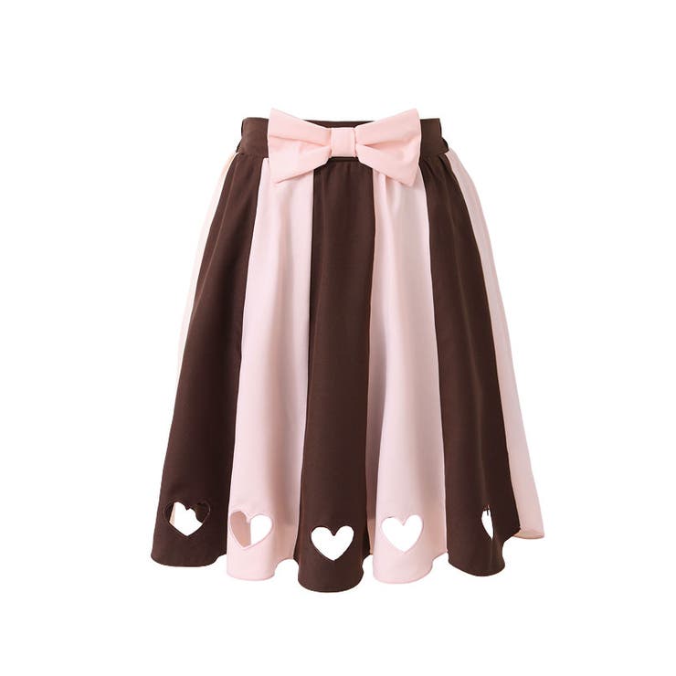 チョコ配色スカラップ切替ハート刺繍くり抜きリボン付ミニフレア