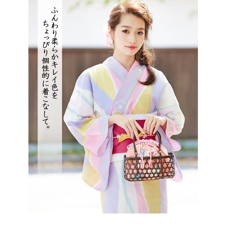 浴衣＋帯セットパステル幾何学柄ストライプ
