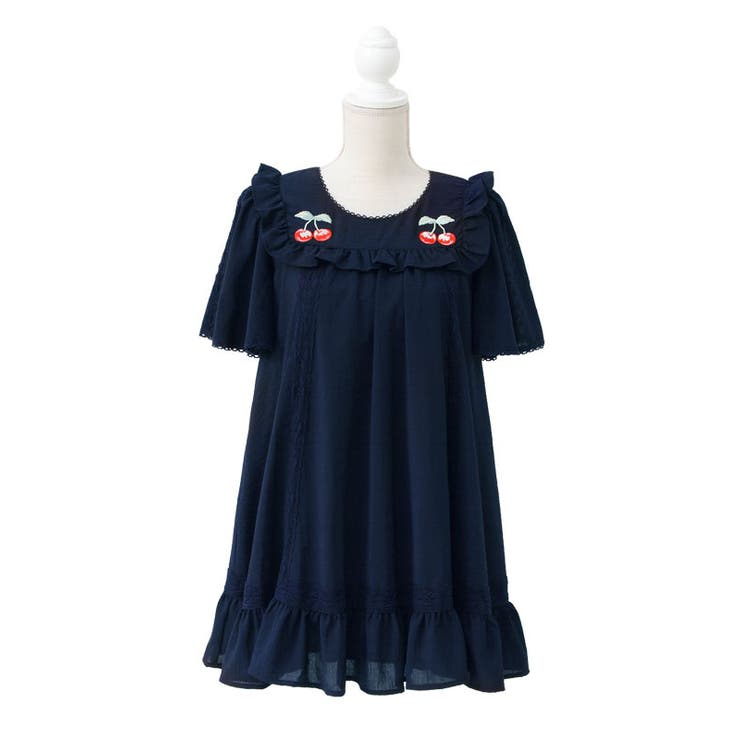 さくらんぼチェリー刺繍Aラインレース切替フリルワンピース DML