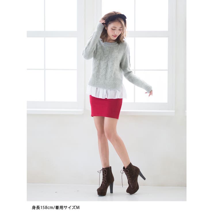 ケーブル編み裾シフォンフェイクレイヤードニットトップス NL FN[品番