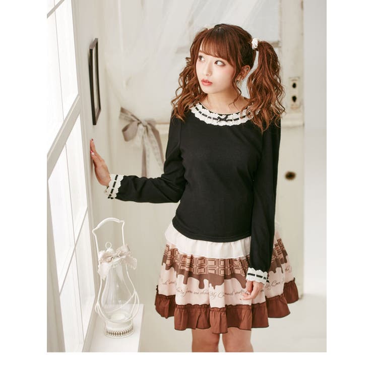 メルティーラブチョコレートプリントフリル甘ロリクラシカルスカート  