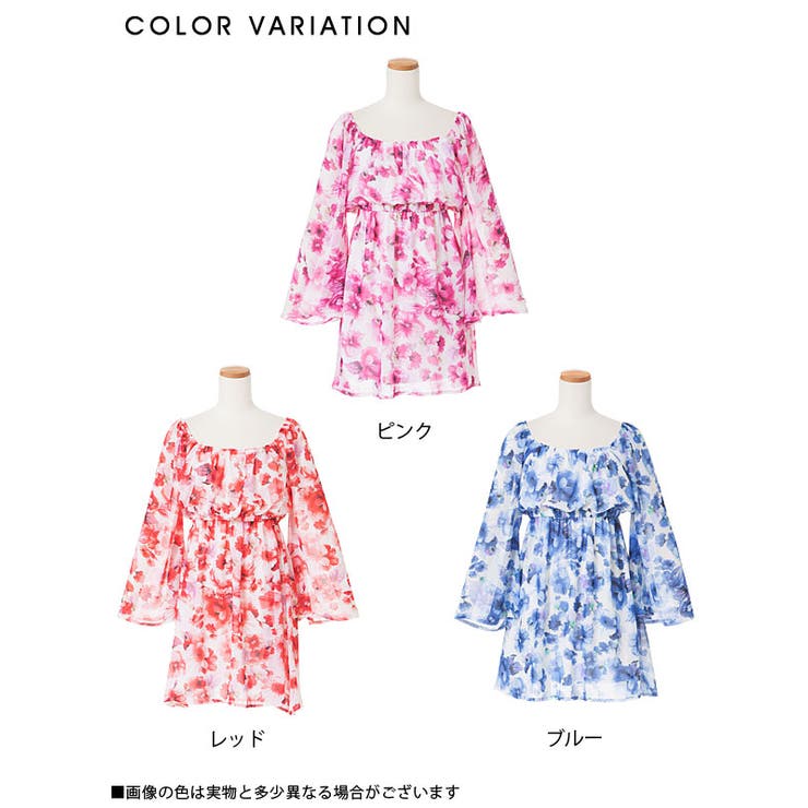 ワントーン花柄オフショル2WAYフレア袖ミニワンピース DB LX