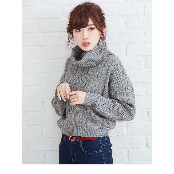 オフタートルパフスリーブケーブルニットトップス|NL|CS||][品番