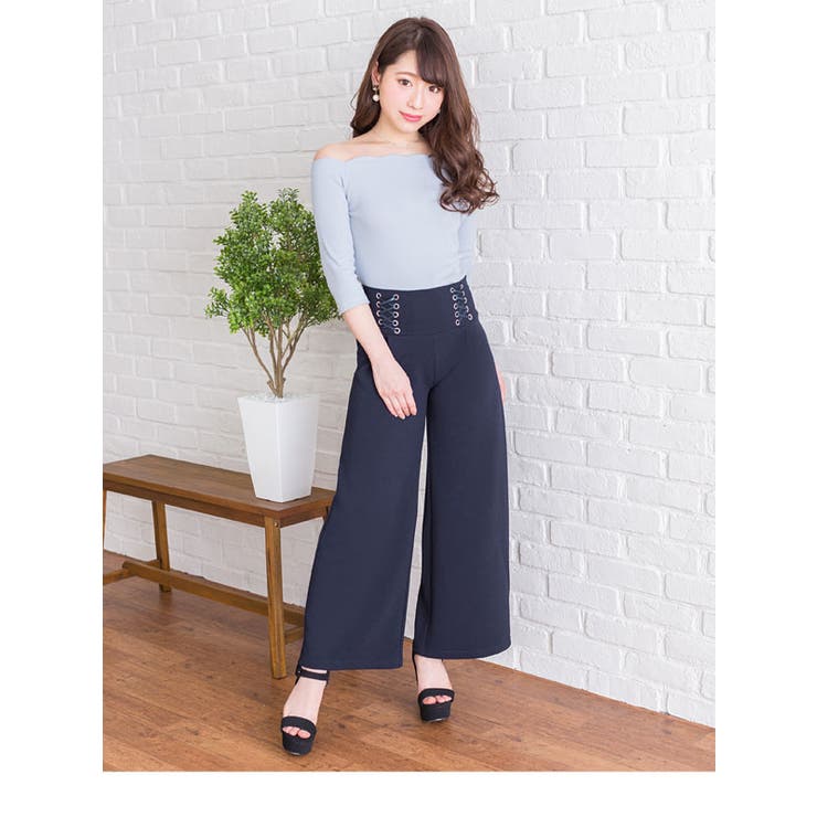 コルセット風レースアップストレッチワイドパンツ|NL|CS||][品番